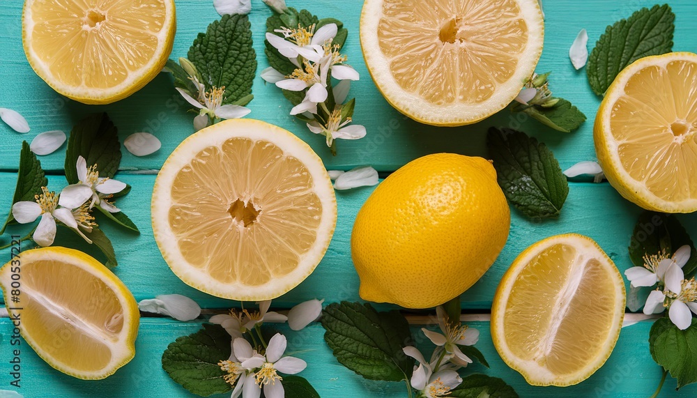 Lemon pattern on pastel background, top view. Flat lay with fresh yellow lemon slices. Minimal summer concept Lemon pattern on pastel background, top view. Flat lay with fresh yellow lemon slices. Minimal summer concept