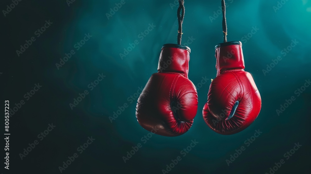 Combat Ready Red Boxing Gloves Hanging in Shadowy Ambience