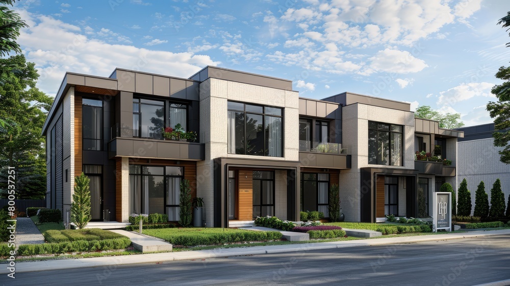 modern minimalist townhouses, featuring three stories and gable roofs, with grey bodywork accented by white trim, embodying a sleek and sophisticated urban living aesthetic. modern minimalist townhouses, featuring three stories and gable roofs, with grey bodywork accented by white trim, embodying a sleek and sophisticated urban living aesthetic.
