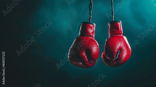 Combat Ready Red Boxing Gloves Hanging in Shadowy Ambience © Ilia Nesolenyi