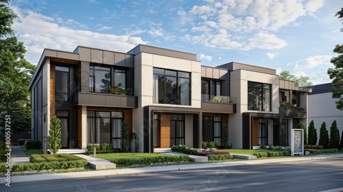 modern minimalist townhouses, featuring three stories and gable roofs, with grey bodywork accented by white trim, embodying a sleek and sophisticated urban living aesthetic. © lililia