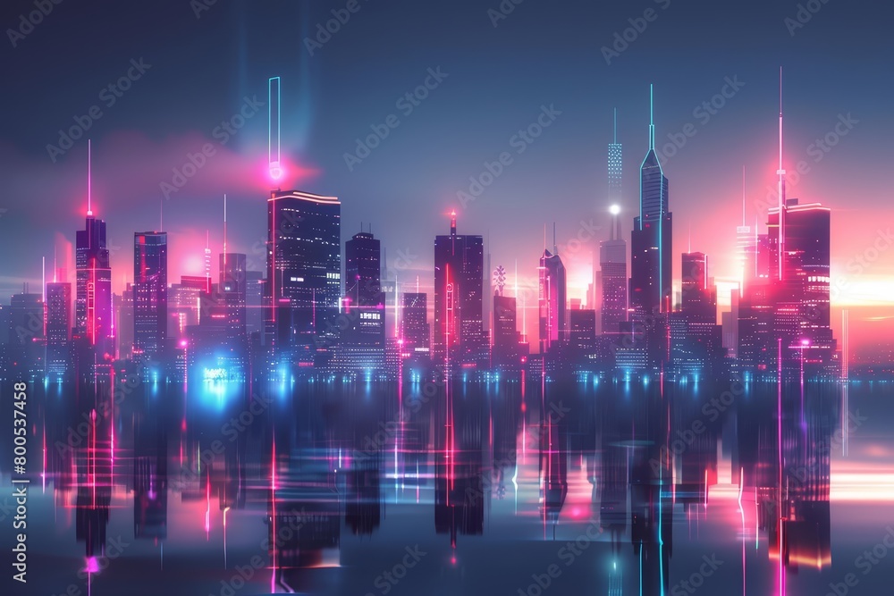 A night time cityscape with a river running through it
