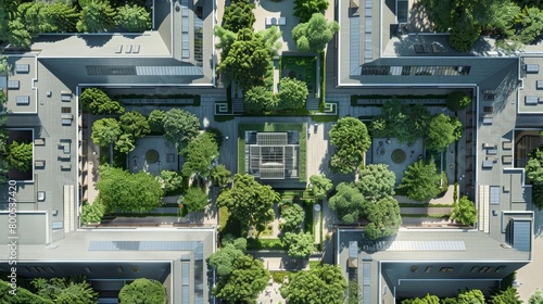 An aerial view of a city block with green courtyards and solar panels on the roofs