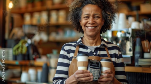 A Smiling Barista Holding Drinks photo