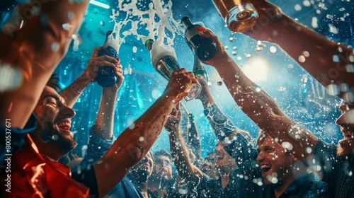 Victorious Team Celebrating Championship with Champagne Shower photo