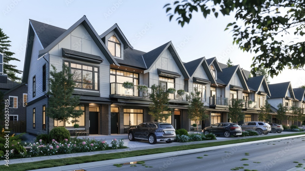 modern minimalist townhouses, featuring three stories and gable roofs, with grey bodywork accented by white trim, embodying a sleek and sophisticated urban living aesthetic.