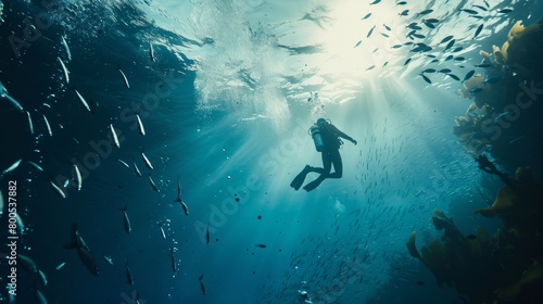 Solo Diver in Serene Oceanic Depths © Ilia Nesolenyi