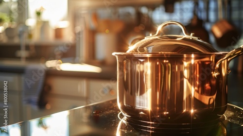 A close-up of a shiny copper pot gleaming on a sunlit kitchen countertop, a timeless symbol of culinary craftsmanship. photo
