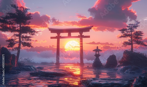 japanese torii at sunset photo