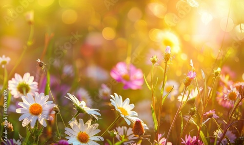 Close-Up of Wildflowers on a Sunny Day. Colourful Nature Background.