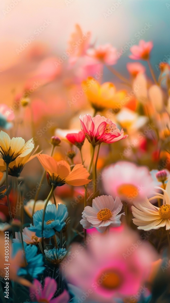 A variety of colorful flowers, an abstract nature backdrop with a pastel gradient sky. Concept of International Women's Day A variety of colorful flowers, an abstract nature backdrop with a pastel gradient sky. Concept of International Women's Day