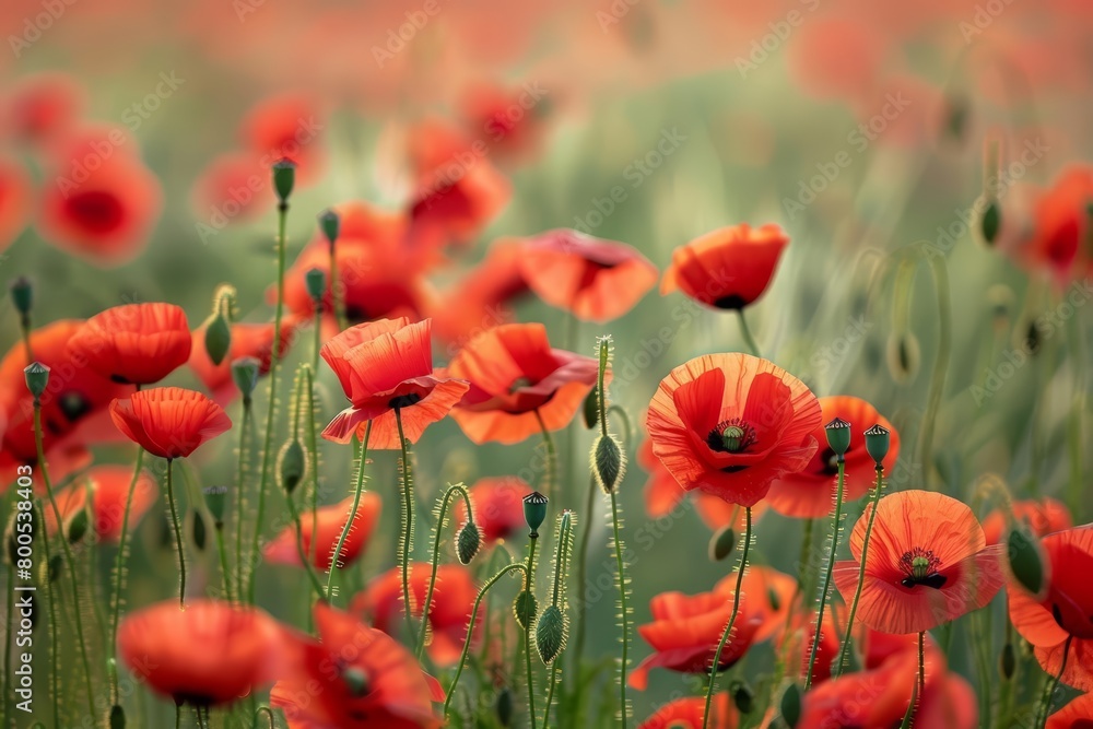 Obraz premium A field of red poppies with green stems and yellow centers. The poppies are in focus and the background is blurred.