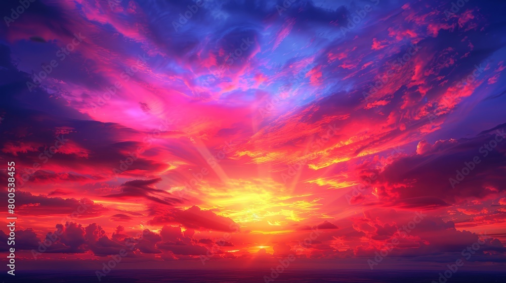   The sun sets over the ocean, tinting clouds red, blue, yellow, and purple