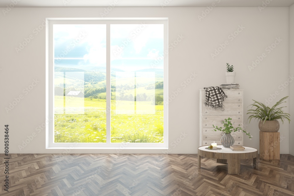 Fototapeta premium White empty room with summer landscape in window. Scandinavian interior design. 3D illustration