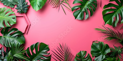 Monstera Plant Border forms Pink  Modern Background. Hexagon Botanical Frame with copy-space.