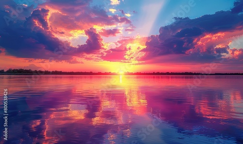 An image of a vibrant sunset over a serene lake, with colorful reflections shimmering on the water © Павел Озарчук