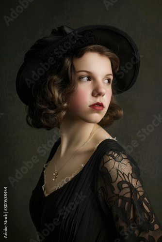 A young woman exudes timeless elegance and grace in vintage attire