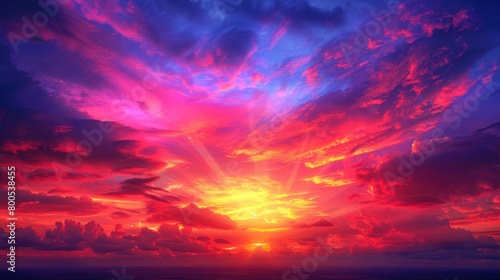   The sun sets over the ocean, tinting clouds red, blue, yellow, and purple photo