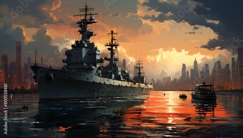 a painting of a battleship in the water with a city in the background at sunset photo