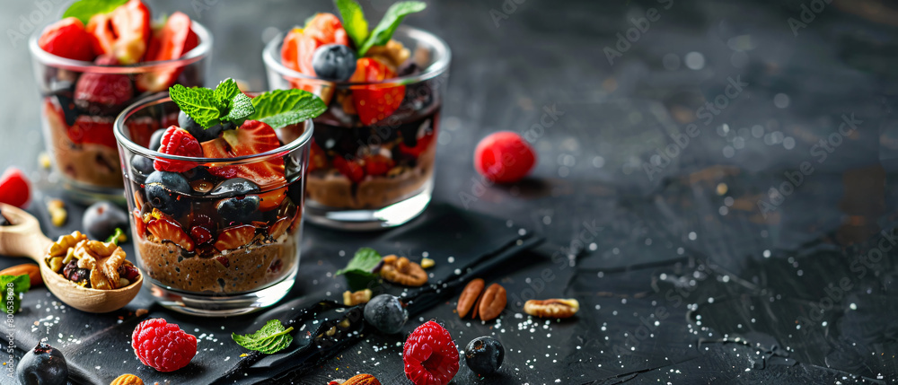 Vegan dessert in glasses with berries mint nuts