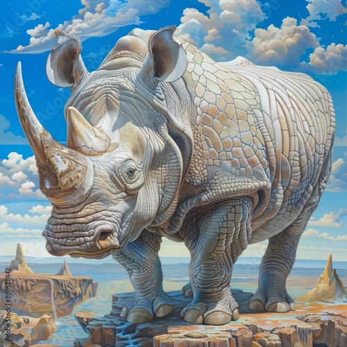 A rhinoceros stands on a cliff overlooking a valley photo