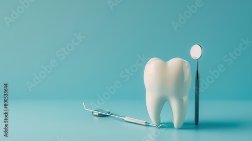 A detailed depiction of a large tooth model adjacent to various steel dental tools against a calming blue background