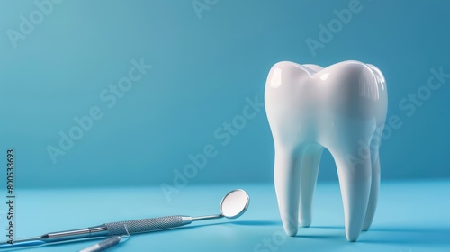 This composition features a reflective tooth model and dental instruments on a uniformly blue background