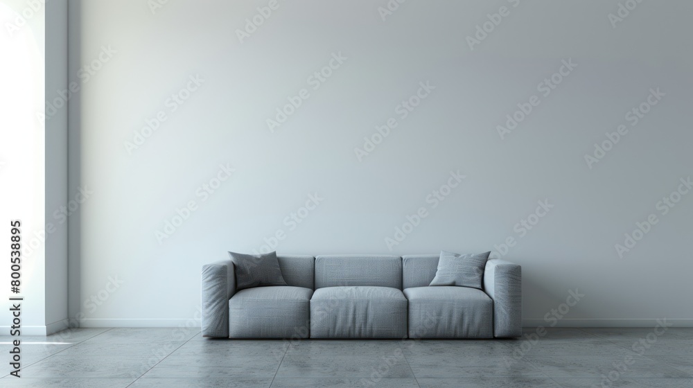 A contemporary living room setup featuring a stylish gray sofa against a pristine white wall in a minimalist interior A contemporary living room setup featuring a stylish gray sofa against a pristine white wall in a minimalist interior