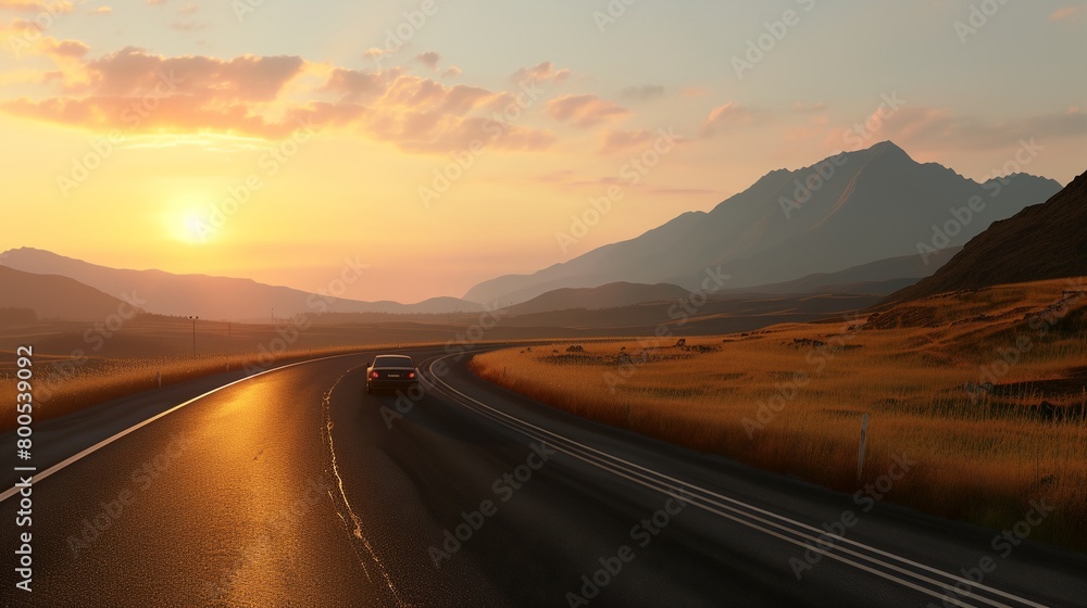 a car driving down a road in the middle of a field at sunset with mountains in the background and a sun setting..