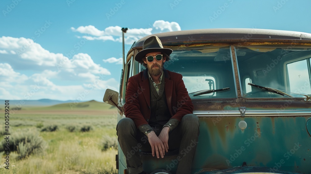 Naklejka premium a man sitting on the hood of a truck in a field of grass with a sky background and clouds..