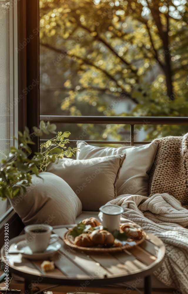 A peaceful balcony corner basked in morning light with soft pillows, a cup of coffee and croissants A peaceful balcony corner basked in morning light with soft pillows, a cup of coffee and croissants