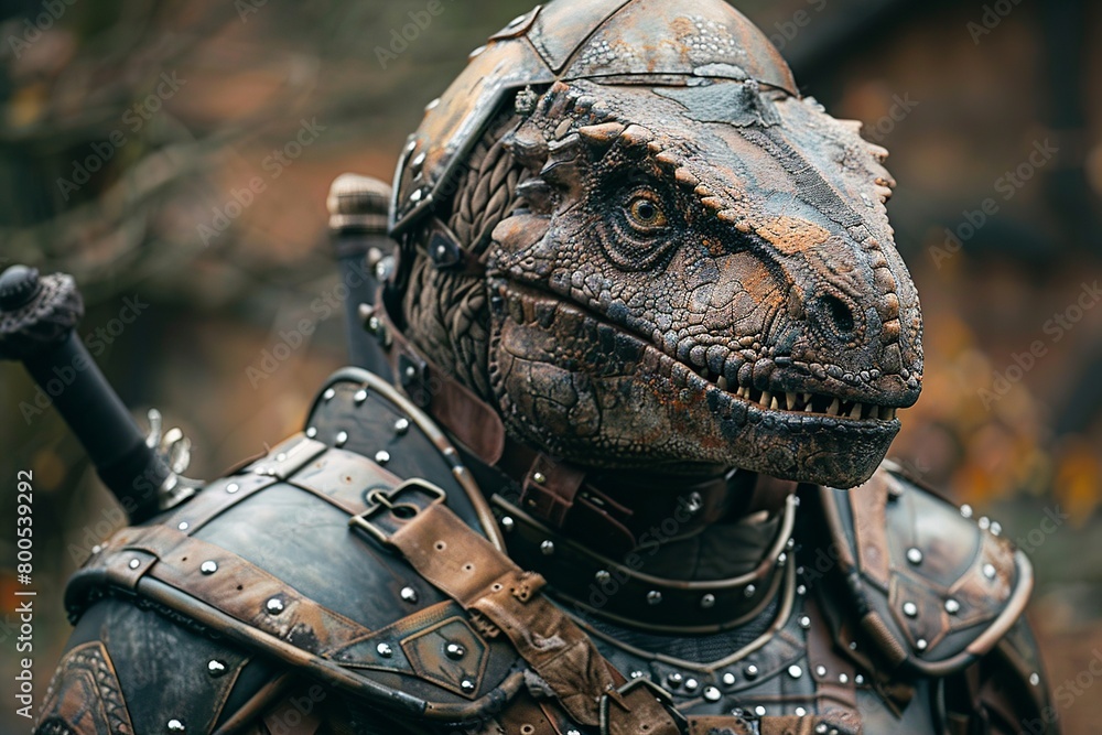 Naklejka premium Photograph of a fearsome Tyrannosaurus Rex equipped with intricate armor, showcasing the fusion of ancient strength and futuristic technology