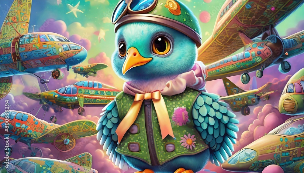 OIL PAINTING STYLE CARTOON CHARACTER Multicolored cute baby pigeon in a pilot costume surrounded by old airplane