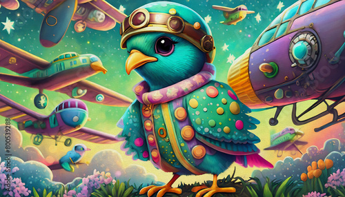 OIL PAINTING STYLE CARTOON CHARACTER Multicolored cute baby pigeon in a pilot costume surrounded by old airplane © stefanelo