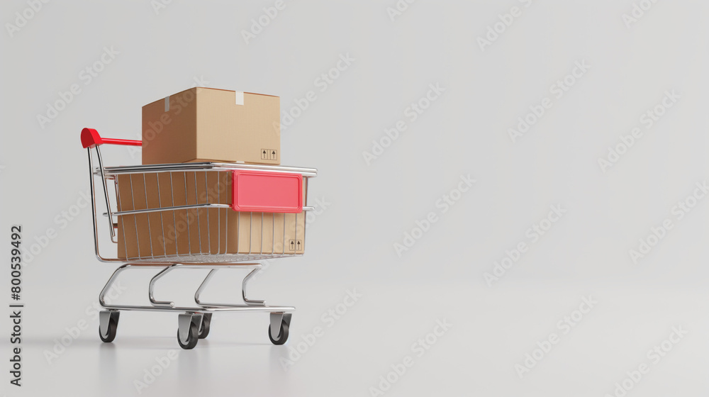 A front-facing view of a shopping trolley loaded with neatly stacked cardboard boxes symbolizing delivery or moving concept