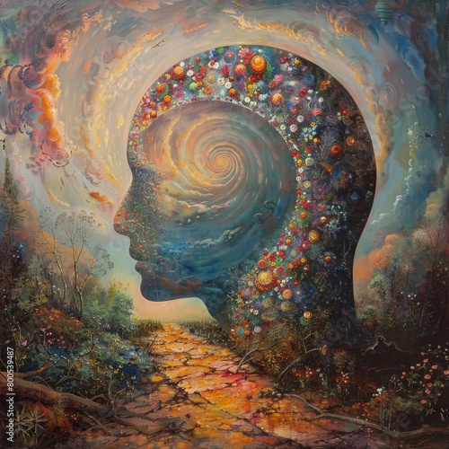   A painting of a person's head with numerous bubbles escaping from it and a flowing water stream originating from it photo