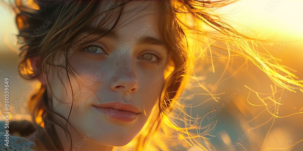 Close-Up portrait of a woman standing at the windy coast during sunset Close-Up portrait of a woman standing at the windy coast during sunset