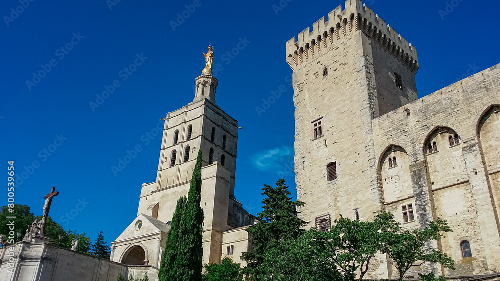 Scenic view of Avignon Cathedral (Cathedral of Lady of Doms) in Avignon, France. Notre Dame des Doms Church, Medieval Tower, Tour de la Campagne, Popes Palace, Palais des Papes, Palace of the Popes