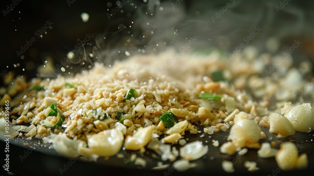 A close-up of minced garlic sizzling in a hot pan, releasing its aromatic essence into a traditional Thai stir-fry. A close-up of minced garlic sizzling in a hot pan, releasing its aromatic essence into a traditional Thai stir-fry.