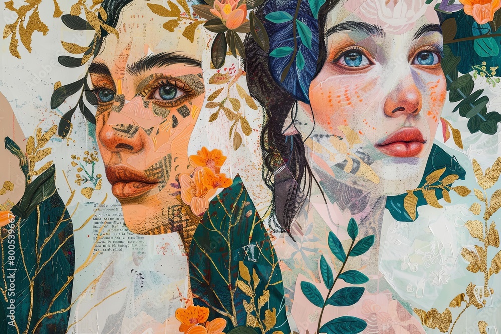 Fototapeta premium Abstract Floral Oil Pastel Portraits: Modern Collage with Stylized Female Accents