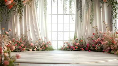 wedding backdrop aesthetic flower decoration indoor studio white background