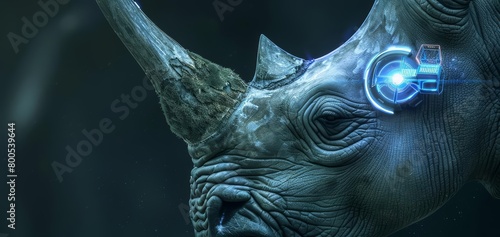 A close up of a rhinoceros with a glowing blue eye and a targeting reticle. photo
