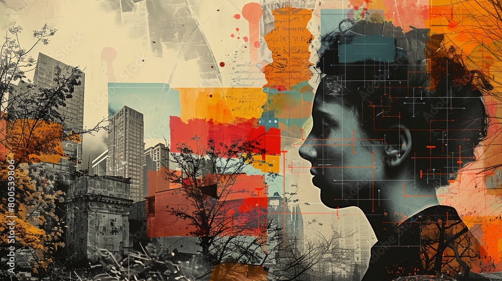 Fototapeta premium a collage of a woman's face and buildings in the background