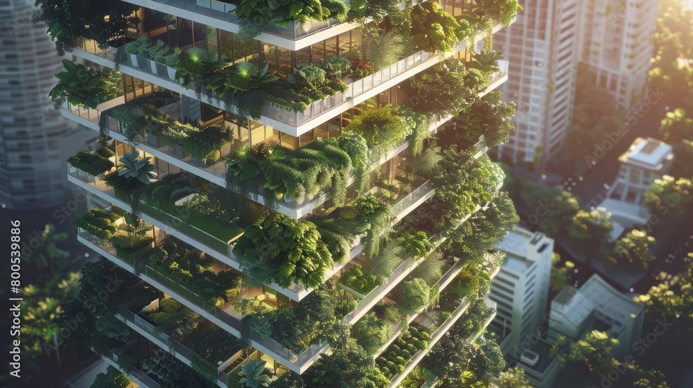 Obraz premium An extremely detailed painting of a futuristic and eco-friendly skyscraper covered in plants and vegetation, with a beautiful sunset in the background