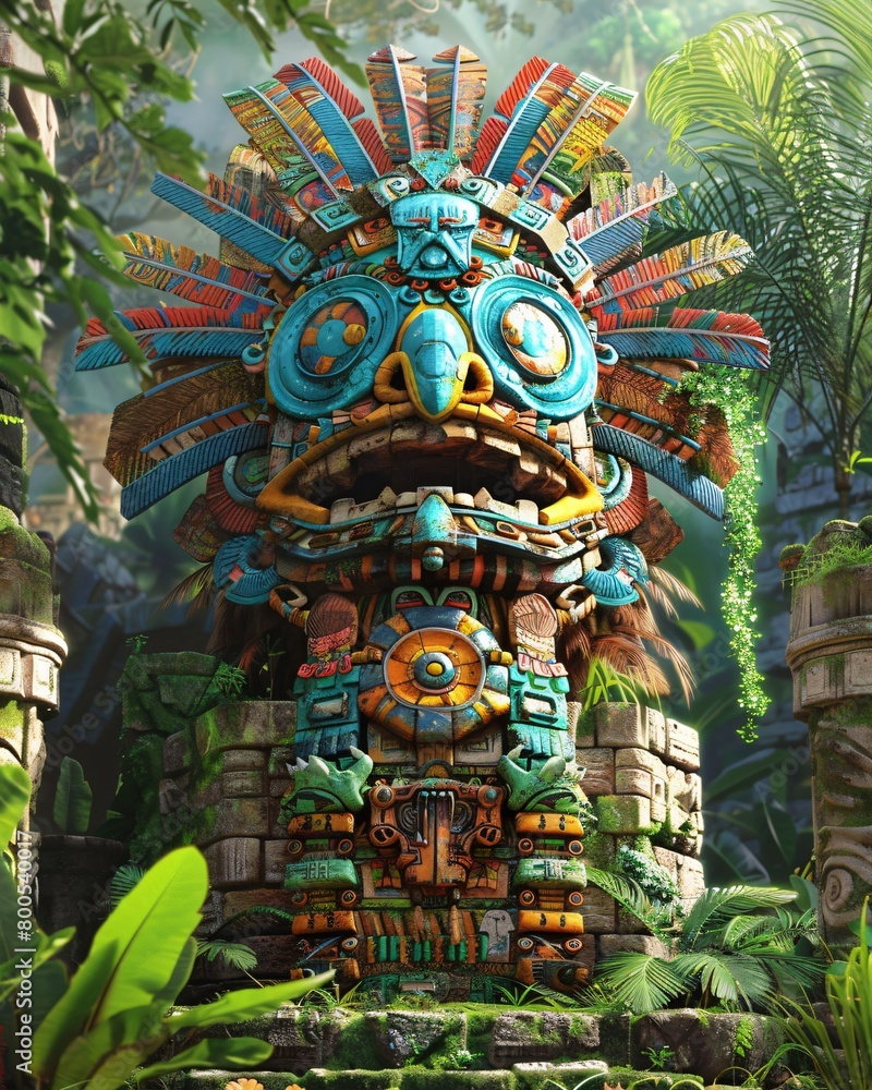 An Anthropomorphic statue adorned in vibrant Aztec illustration
