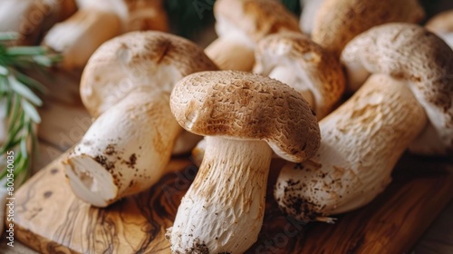 A close-up of porcini mushrooms arranged on a wooden cutting board, their distinctive caps and gills showcased in detail.