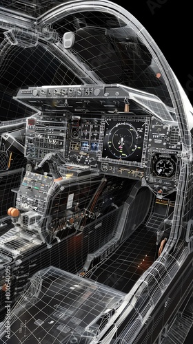 Advanced fighter jet cockpit mesh wireframe, detailing instruments and ejection seat