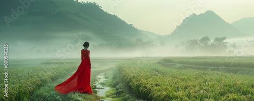 woman in red dress in misty landscape of ricefield in Vietnam photo
