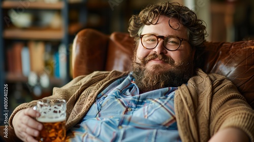 a man with a beard and glasses is holding a beer in his hand and smiling