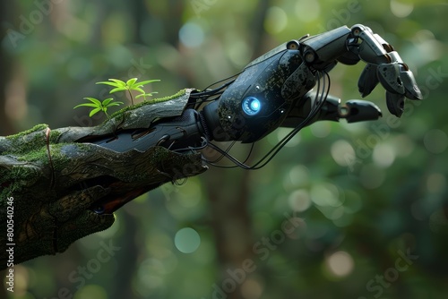 A photo of a robot arm covered in moss and vines in the middle of a lush green forest